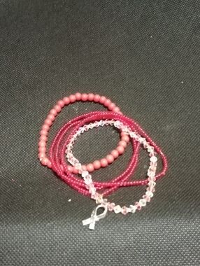 Pink And Red Beaded Ribbon Charm Bracelet Stack
